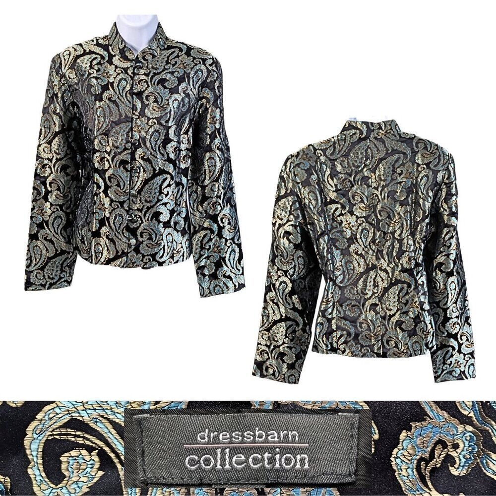 Vtg Y2K DRESSBARN COLLECTION Turquoise Mandarin Jacquard Satin Paisley Blazer M